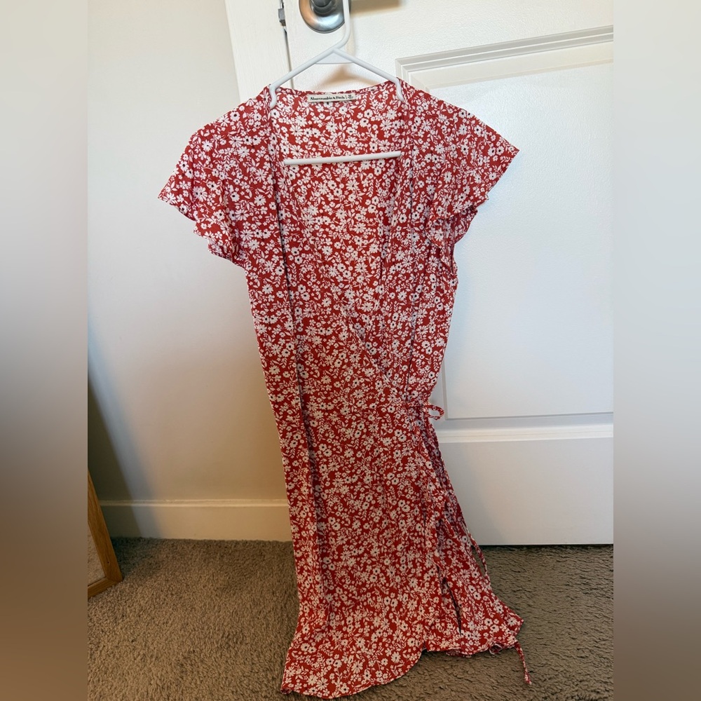 Abercrombie Red Floral Wrap Dress with Cap Sleeves